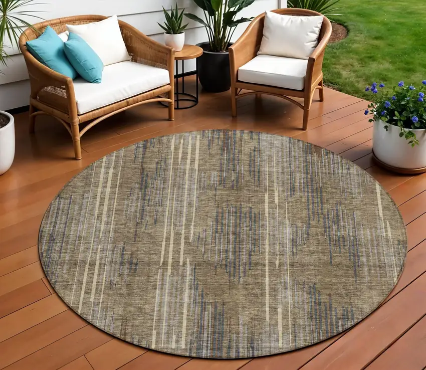 8' Taupe Gray And Ivory Round Striped Washable Indoor Outdoor Area Rug Photo 1