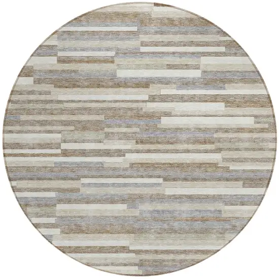 8' Taupe Gray And Ivory Round Striped Washable Indoor Outdoor Area Rug Photo 4