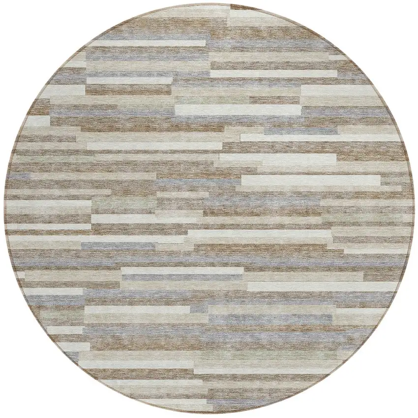 8' Taupe Gray And Ivory Round Striped Washable Indoor Outdoor Area Rug Photo 4
