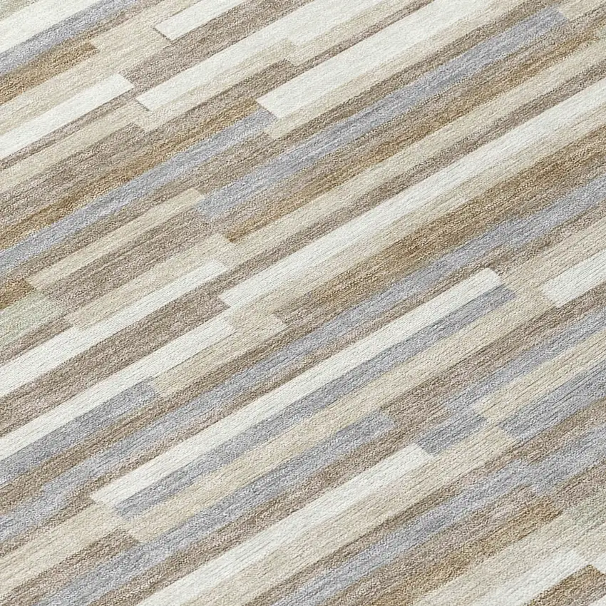 8' Taupe Gray And Ivory Round Striped Washable Indoor Outdoor Area Rug Photo 8