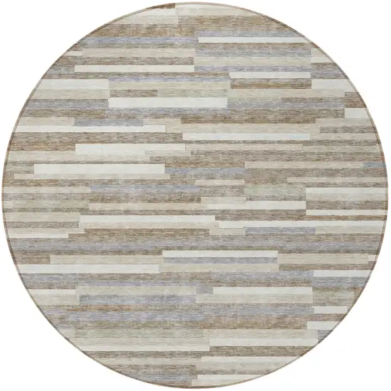 8' Taupe Gray And Ivory Round Striped Washable Indoor Outdoor Area Rug Photo 5
