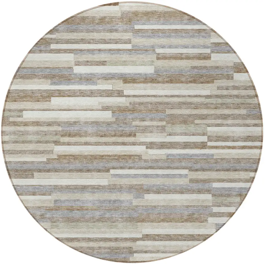 8' Taupe Gray And Ivory Round Striped Washable Indoor Outdoor Area Rug Photo 5