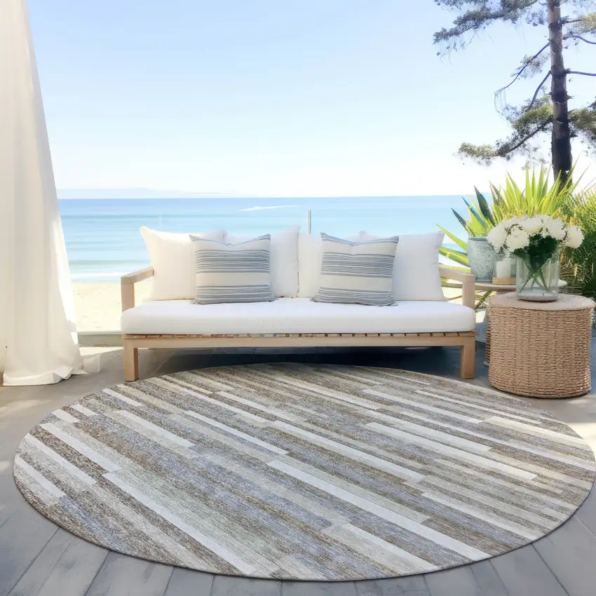 8' Taupe Gray And Ivory Round Striped Washable Indoor Outdoor Area Rug Photo 6