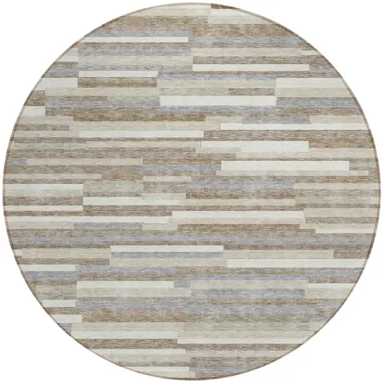 8' Taupe Gray And Ivory Round Striped Washable Indoor Outdoor Area Rug Photo 2