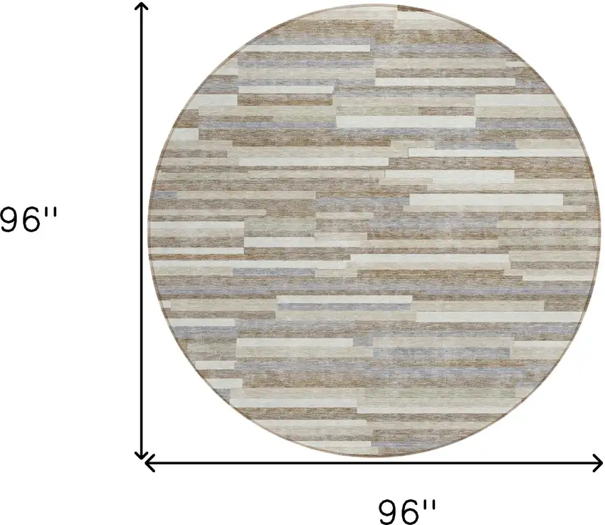 8' Taupe Gray And Ivory Round Striped Washable Indoor Outdoor Area Rug Photo 3
