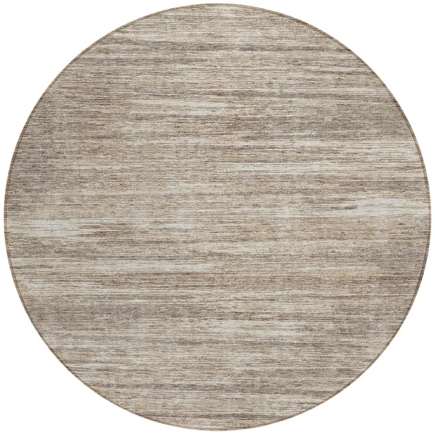 8' Taupe Gray And Ivory Round Striped Washable Indoor Outdoor Area Rug Photo 4