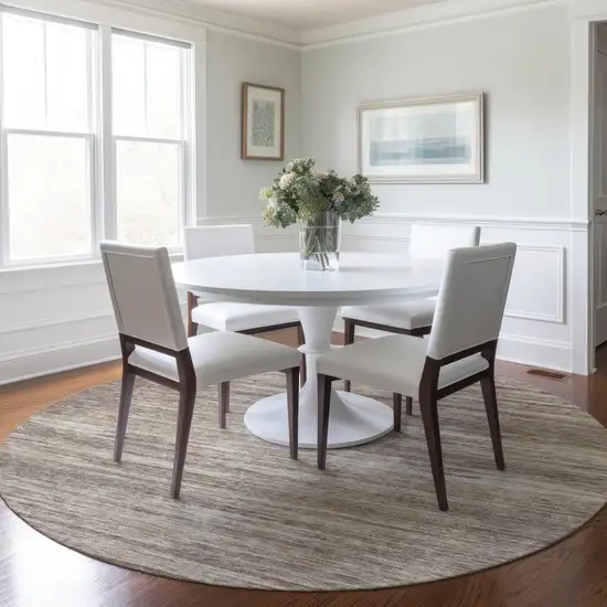 8' Taupe Gray And Ivory Round Striped Washable Indoor Outdoor Area Rug Photo 7