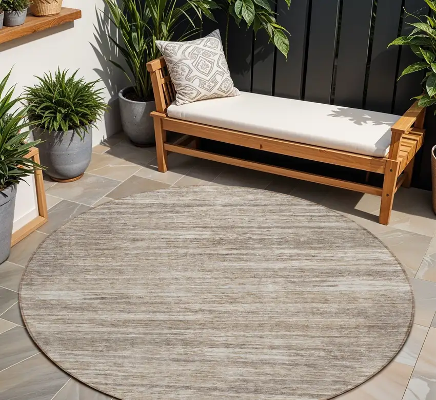8' Taupe Gray And Ivory Round Striped Washable Indoor Outdoor Area Rug Photo 1