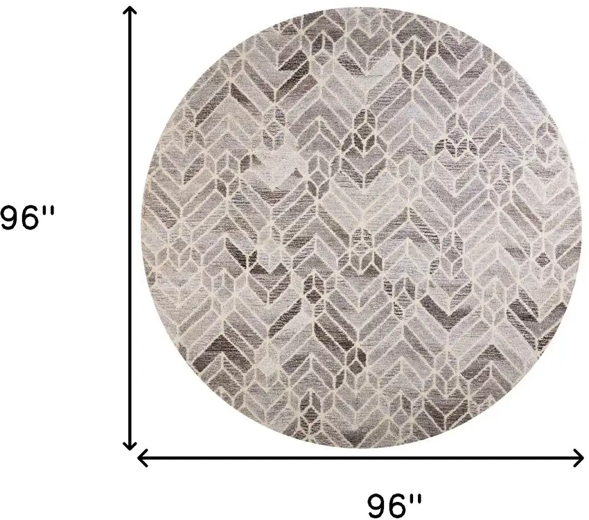 8' Taupe Gray And Ivory Round Wool Geometric Tufted Handmade Area Rug Photo 7