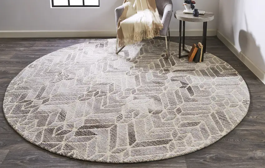 8' Taupe Gray And Ivory Round Wool Geometric Tufted Handmade Area Rug Photo 4
