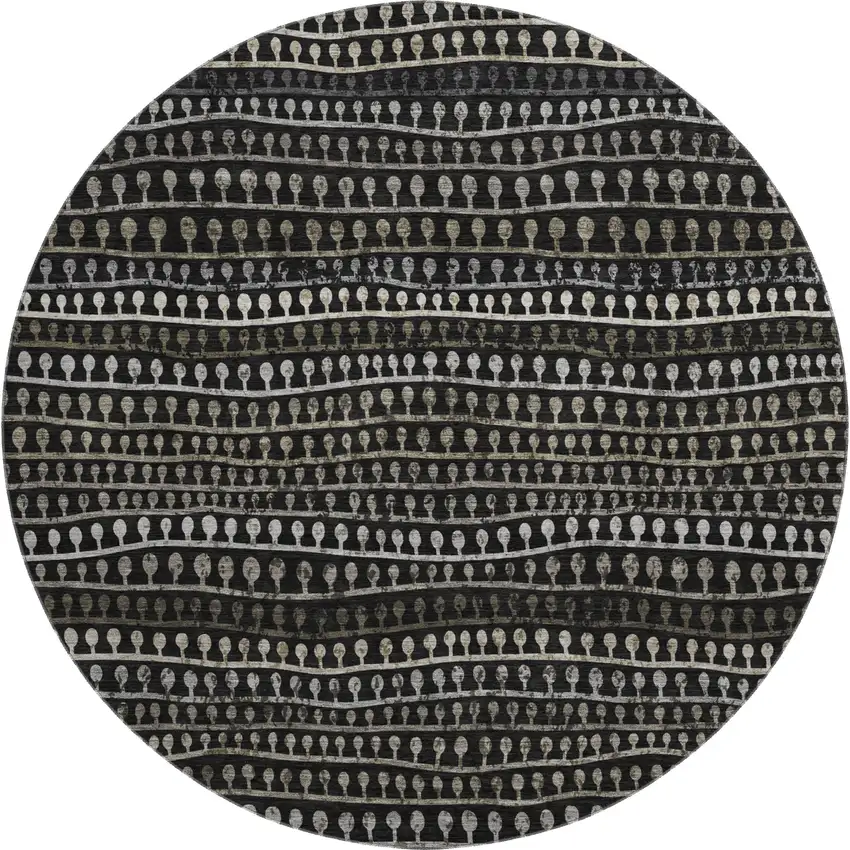 8' Taupe Gray And Ivory Striped Washable Round Rug With UV Protection Photo 1