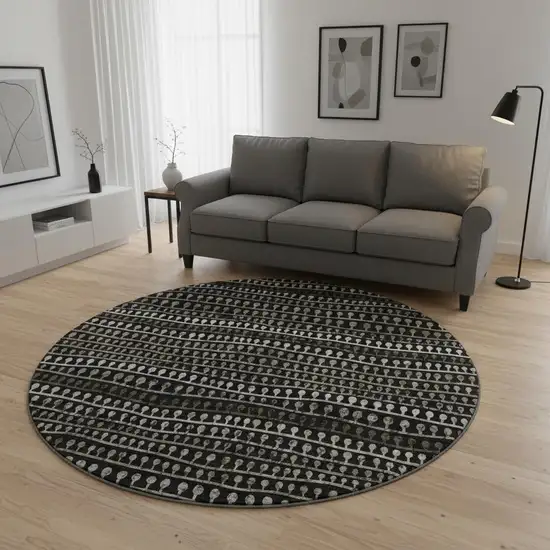 8' Taupe Gray And Ivory Striped Washable Round Rug With UV Protection Photo 2