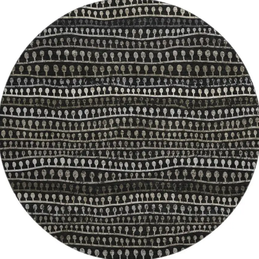 8' Taupe Gray And Ivory Striped Washable Round Rug With UV Protection Photo 4