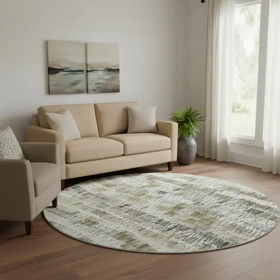 8' Taupe Gray And Ivory Striped Washable Round Rug With UV Protection Photo 1