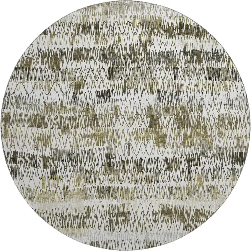 8' Taupe Gray And Ivory Striped Washable Round Rug With UV Protection Photo 1
