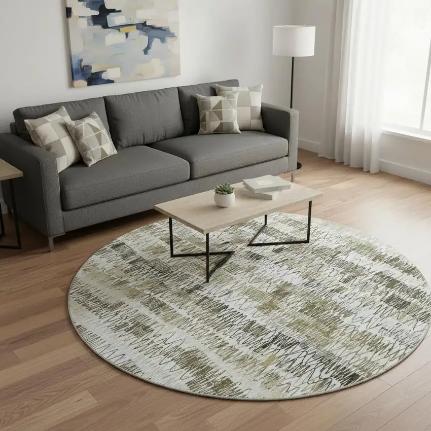 8' Taupe Gray And Ivory Striped Washable Round Rug With UV Protection Photo 2