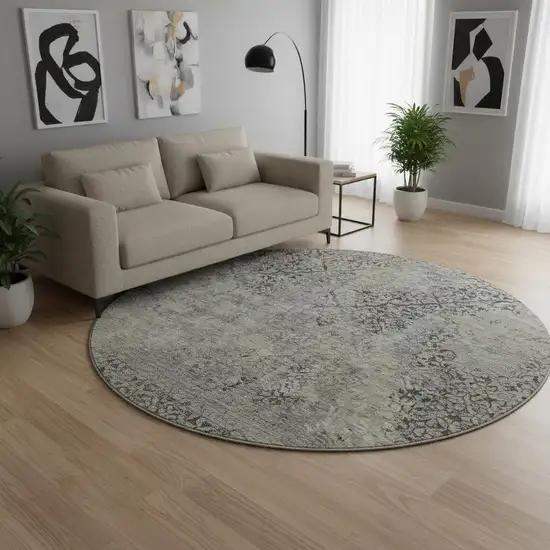 8' Taupe Gray And Khaki Abstract Washable Round Rug With UV Protection Photo 2