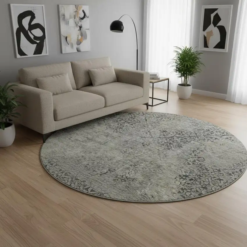 8' Taupe Gray And Khaki Abstract Washable Round Rug With UV Protection Photo 2