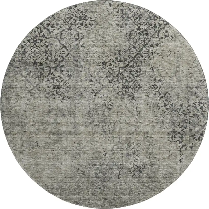 8' Taupe Gray And Khaki Abstract Washable Round Rug With UV Protection Photo 1