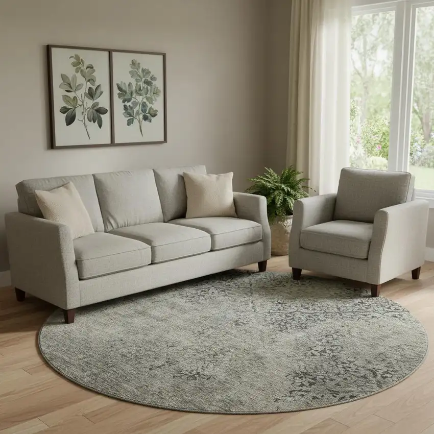 8' Taupe Gray And Khaki Abstract Washable Round Rug With UV Protection Photo 1