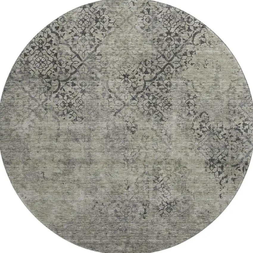 8' Taupe Gray And Khaki Abstract Washable Round Rug With UV Protection Photo 4