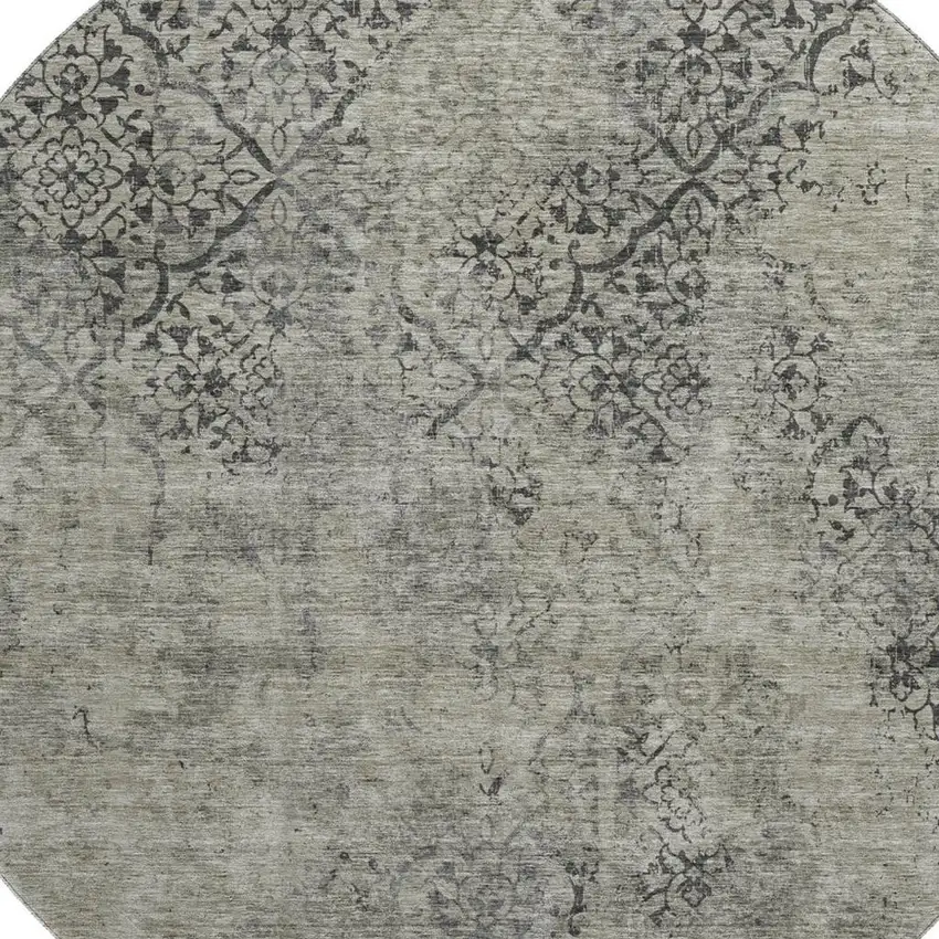 8' Taupe Gray And Khaki Abstract Washable Round Rug With UV Protection Photo 3