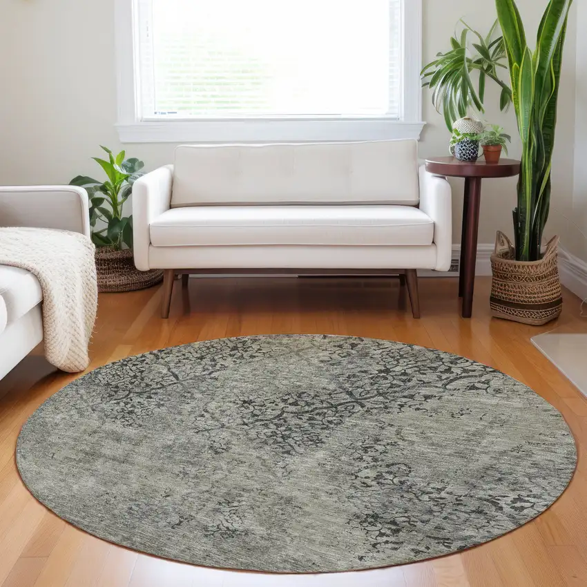 8' Taupe Gray And Khaki Abstract Washable Round Rug With UV Protection Photo 5