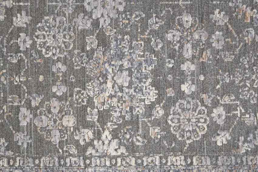8' Taupe Gray And Orange Floral Power Loom Runner Rug Photo 4