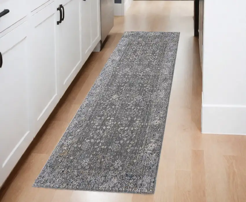 Taupe and Ivory Floral Power Loom Runner Rug Photo 1