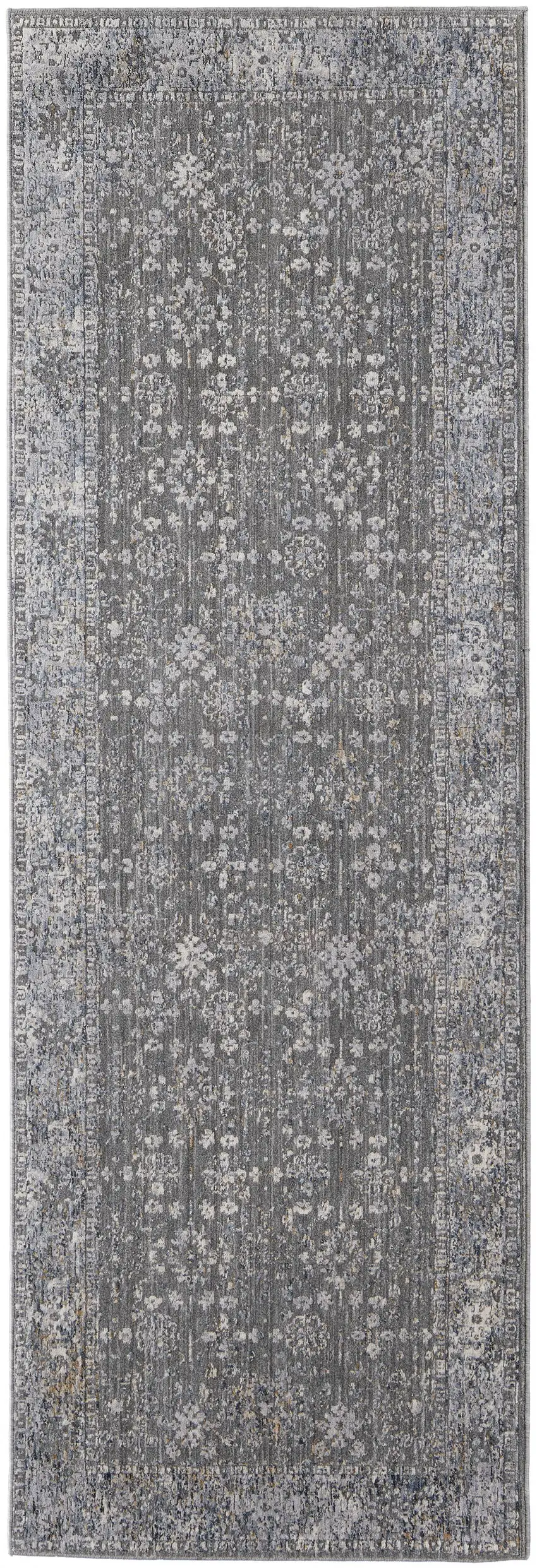 8' Taupe Gray And Orange Floral Power Loom Runner Rug Photo 6
