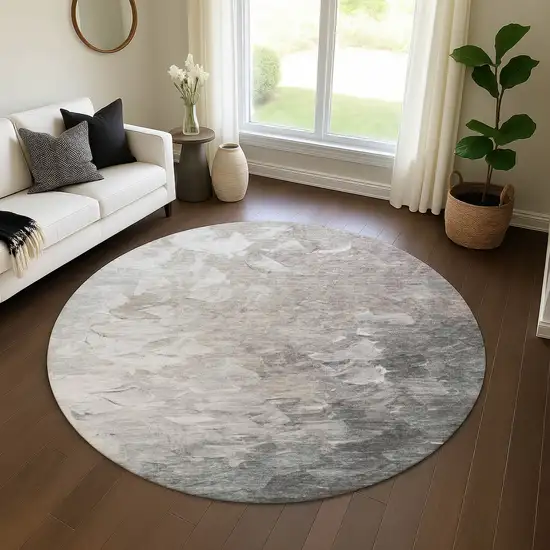 8' Taupe Gray And Silver Abstract Washable Round Rug With UV Protection Photo 4