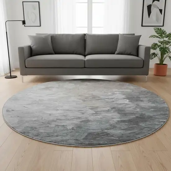 8' Taupe Gray And Silver Abstract Washable Round Rug With UV Protection Photo 2