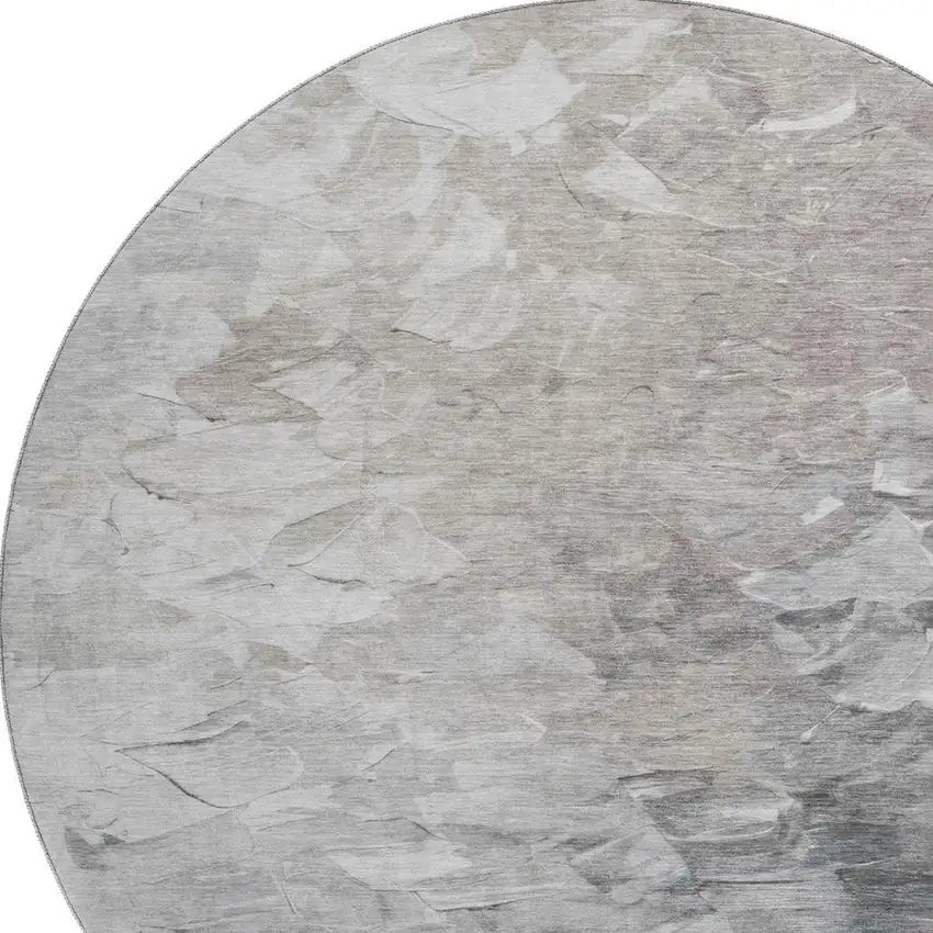 8' Taupe Gray And Silver Abstract Washable Round Rug With UV Protection Photo 2