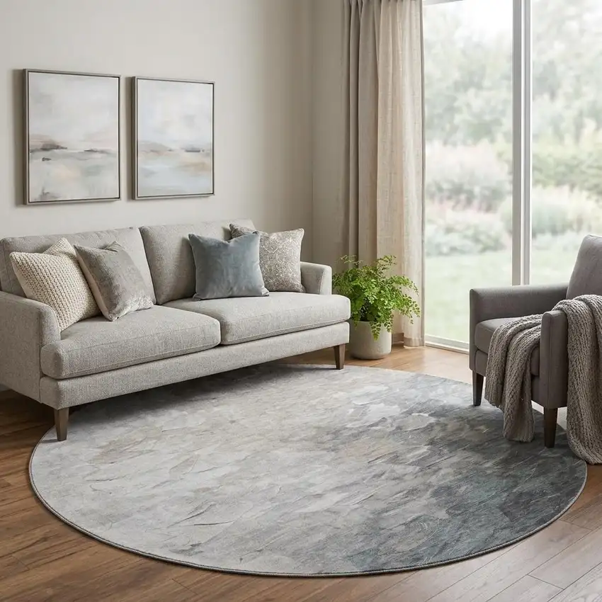 8' Taupe Gray And Silver Abstract Washable Round Rug With UV Protection Photo 1