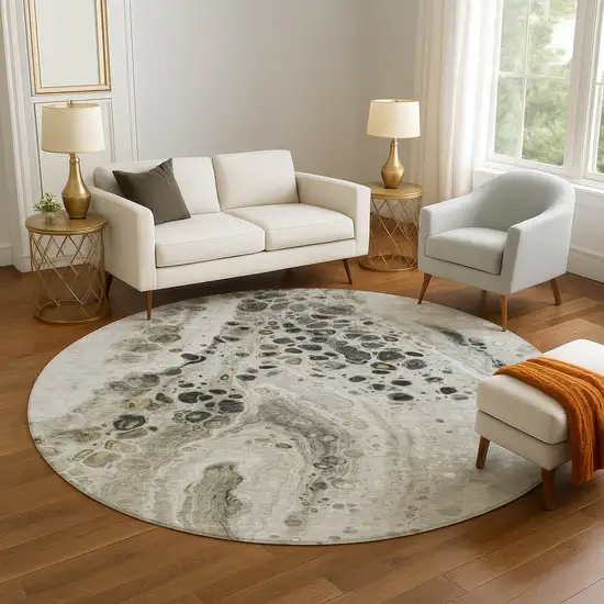 8' Taupe Gray And Silver Abstract Washable Round Rug With UV Protection Photo 5