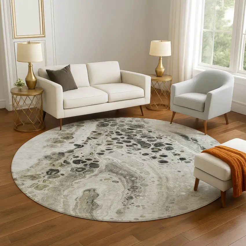 8' Taupe Gray And Silver Abstract Washable Round Rug With UV Protection Photo 5