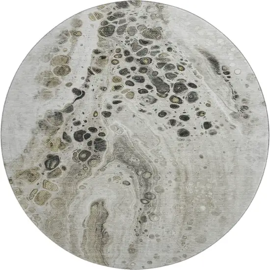 8' Taupe Gray And Silver Abstract Washable Round Rug With UV Protection Photo 1