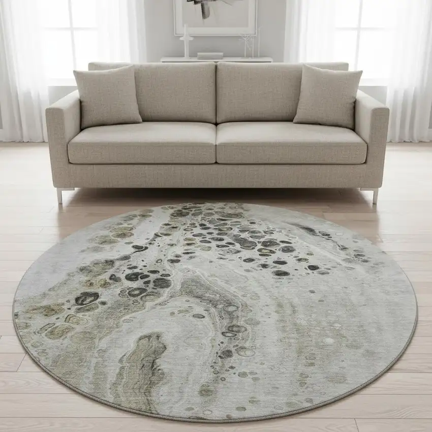 8' Taupe Gray And Silver Abstract Washable Round Rug With UV Protection Photo 2