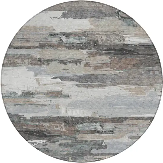 8' Taupe Gray And Silver Round Abstract Washable Indoor Outdoor Area Rug Photo 2