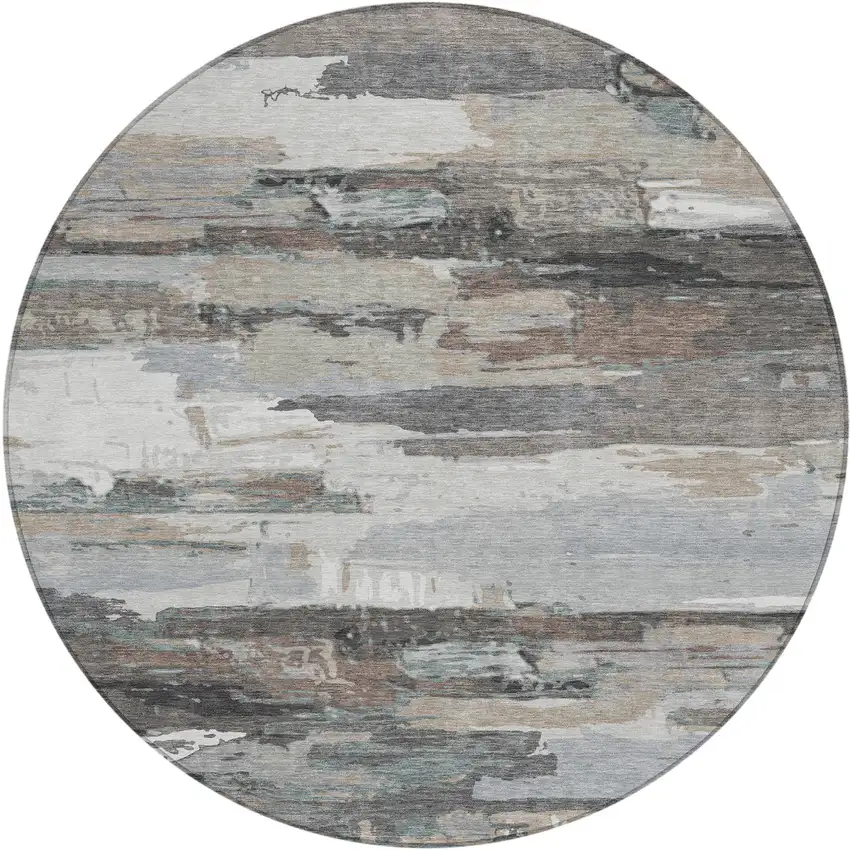 8' Taupe Gray And Silver Round Abstract Washable Indoor Outdoor Area Rug Photo 2