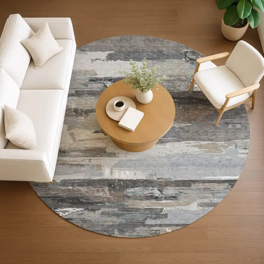 8' Taupe Gray And Silver Round Abstract Washable Indoor Outdoor Area Rug Photo 8