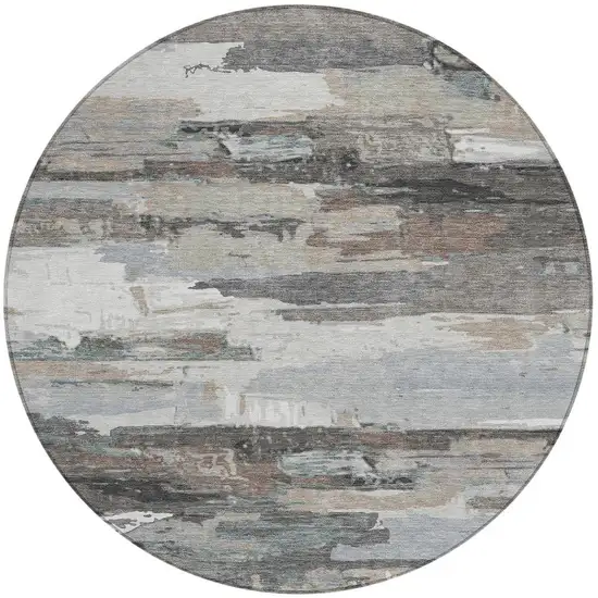 8' Taupe Gray And Silver Round Abstract Washable Indoor Outdoor Area Rug Photo 5