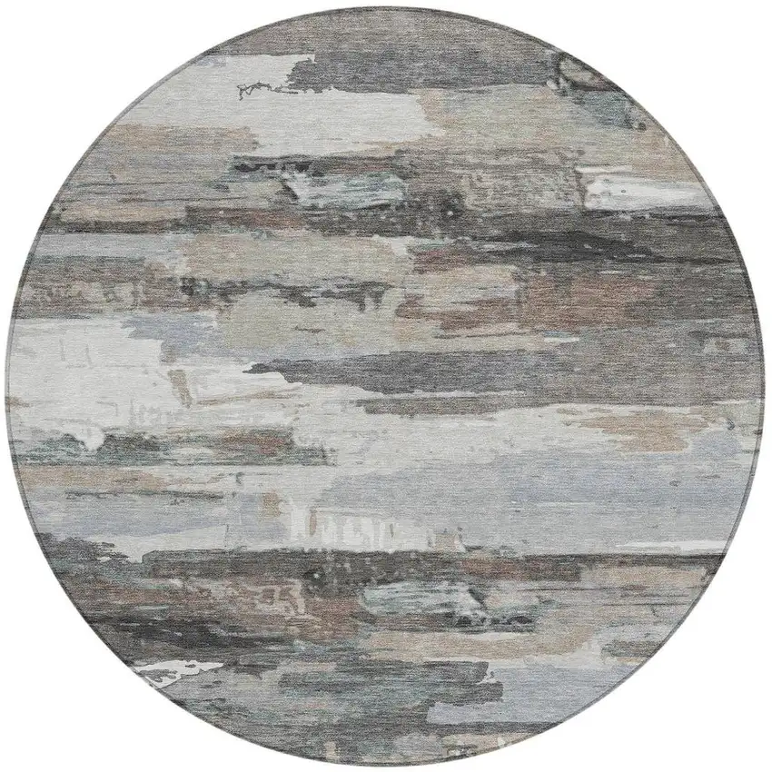 8' Taupe Gray And Silver Round Abstract Washable Indoor Outdoor Area Rug Photo 5