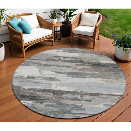 8' Taupe Gray And Silver Round Abstract Washable Indoor Outdoor Area Rug Photo 1
