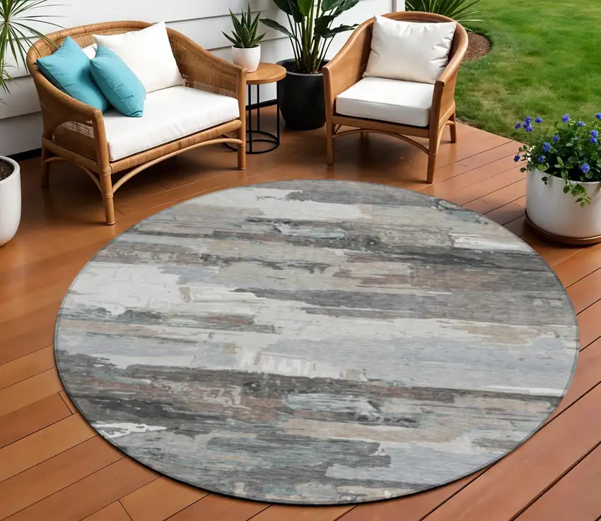 8' Taupe Gray And Silver Round Abstract Washable Indoor Outdoor Area Rug Photo 1