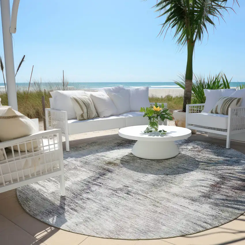 8' Taupe Gray And Silver Round Abstract Washable Indoor Outdoor Area Rug Photo 6