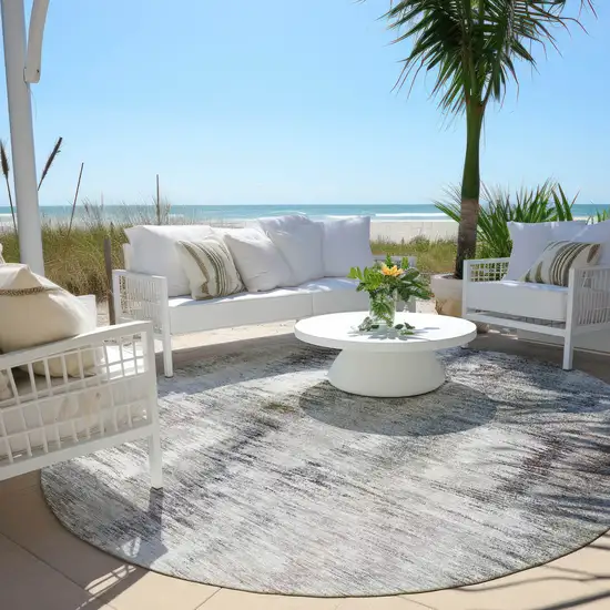 8' Taupe Gray And Silver Round Abstract Washable Indoor Outdoor Area Rug Photo 6