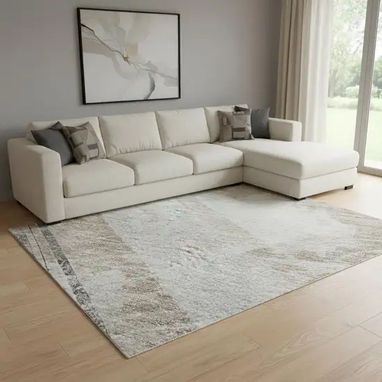 8' Taupe Gray And Silver Striped Washable Area Rug With UV Protection Photo 2