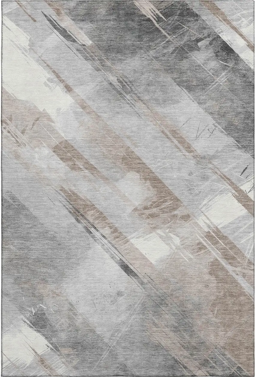 8' Taupe Gray And Silver Striped Washable Area Rug With UV Protection Photo 4