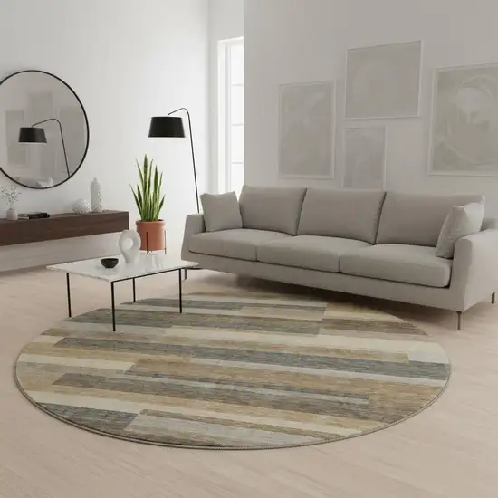 8' Taupe Gray And Silver Striped Washable Round Rug With UV Protection Photo 2